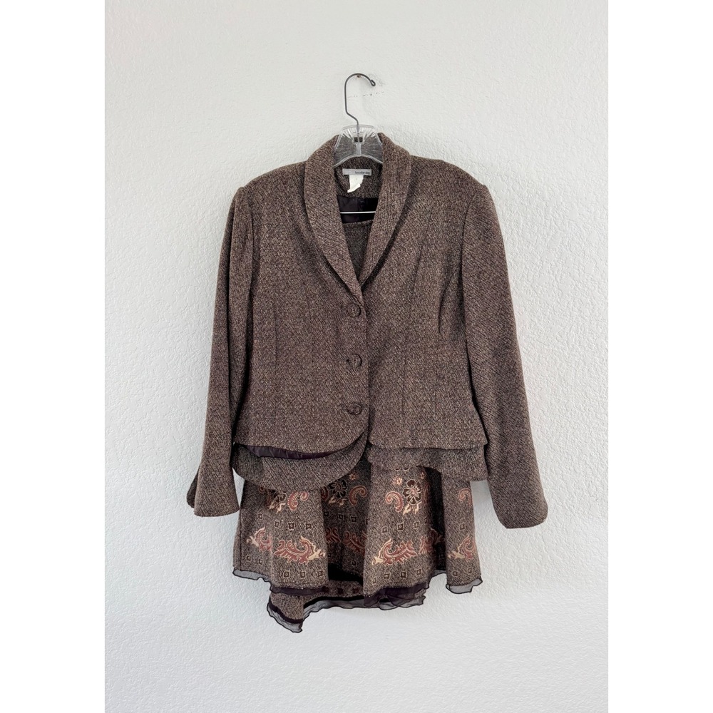Two Star Dog Vintage Skirt Suit Brown Tweed Paisley Print Asymmetrical Hem Set